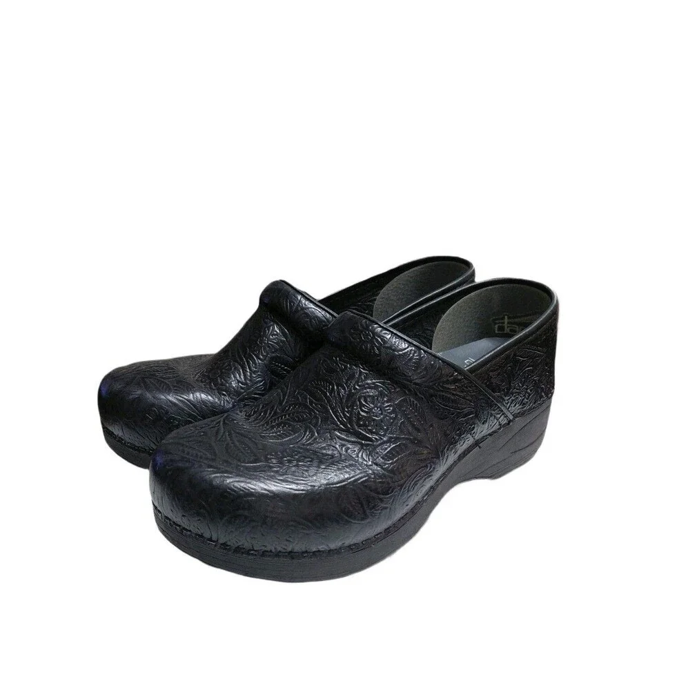 DANSKO XP 2.0 Professional Black Tooled Leather Clogs Size 9 Comfort Shoes